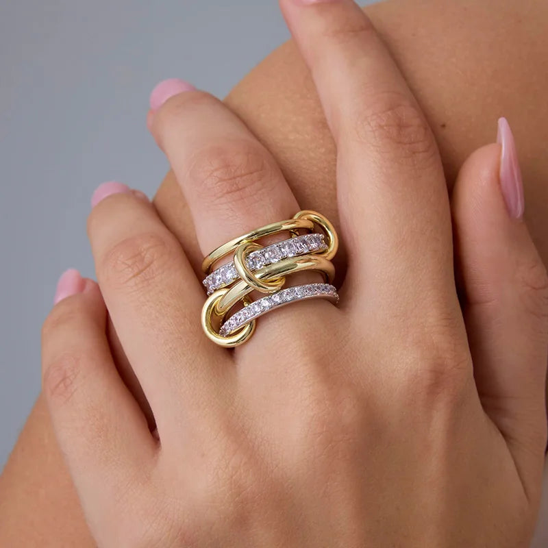 18K Gold Plated Interlocked Stackable Rings for Women Statement Ring Stack Set Gifts Cubic Zirconia Stacking Jewelry