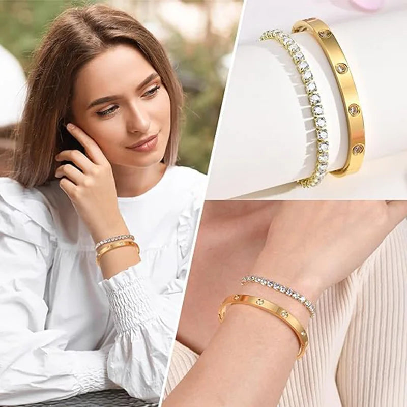 2Pcs/Set 18K Gold Plated Dainty Tennis Bracelets Love Bangle Bracelets 4/6mm Cubic Zirconia Classic Tennis Bracele for Women