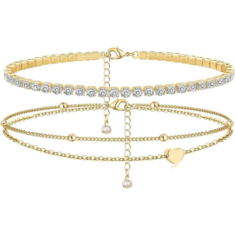 Dainty Anklets for Women Girls Layered Heart CZ Bead Initial Anklets 14K Gold Plated Waterproof Summer Beach Jewelry