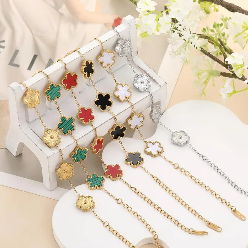 Elegant Double Sided Clover Bracelet 14K Gold Plated Stainless Steel Lucky Black White Link Bracelets Jewelry Gift for Women