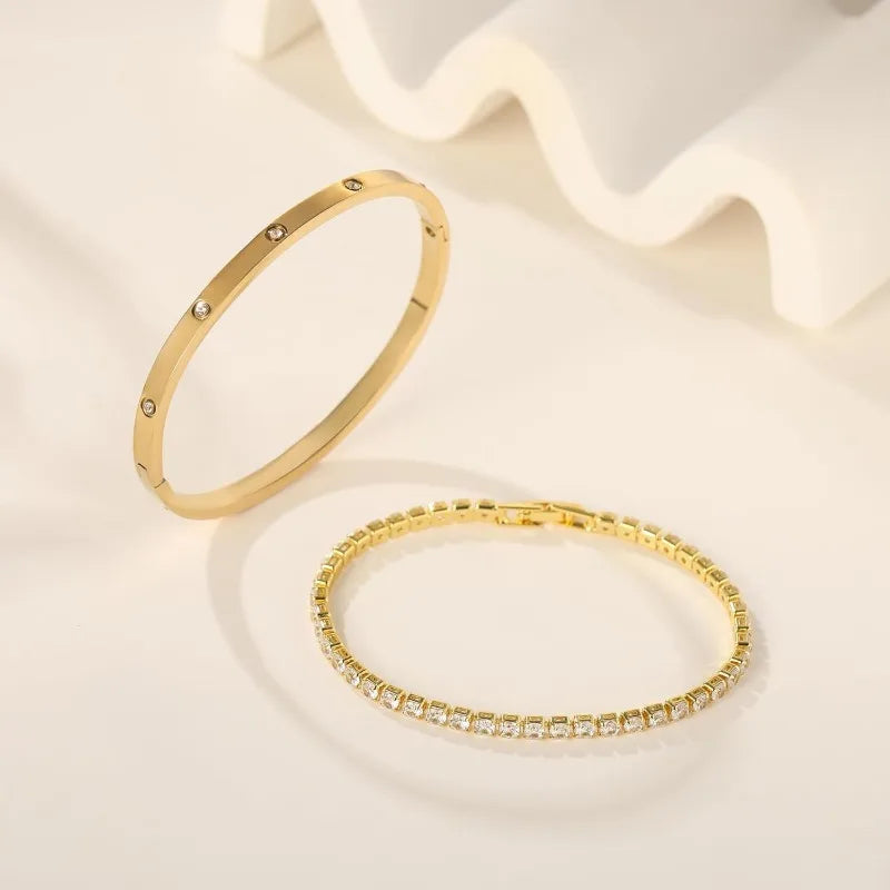 2Pcs/Set 18K Gold Plated Dainty Tennis Bracelets Love Bangle Bracelets 4/6mm Cubic Zirconia Classic Tennis Bracele for Women