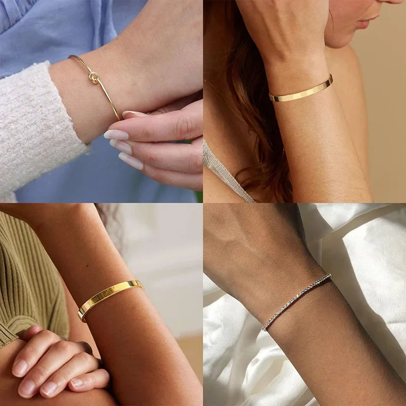 3pcs Stainless Steel Stack Cuff Bracelets for Women 14K Silver Plated Adjustable Jewelry Gifts Luxury CZ Chain Love Knot Bangles