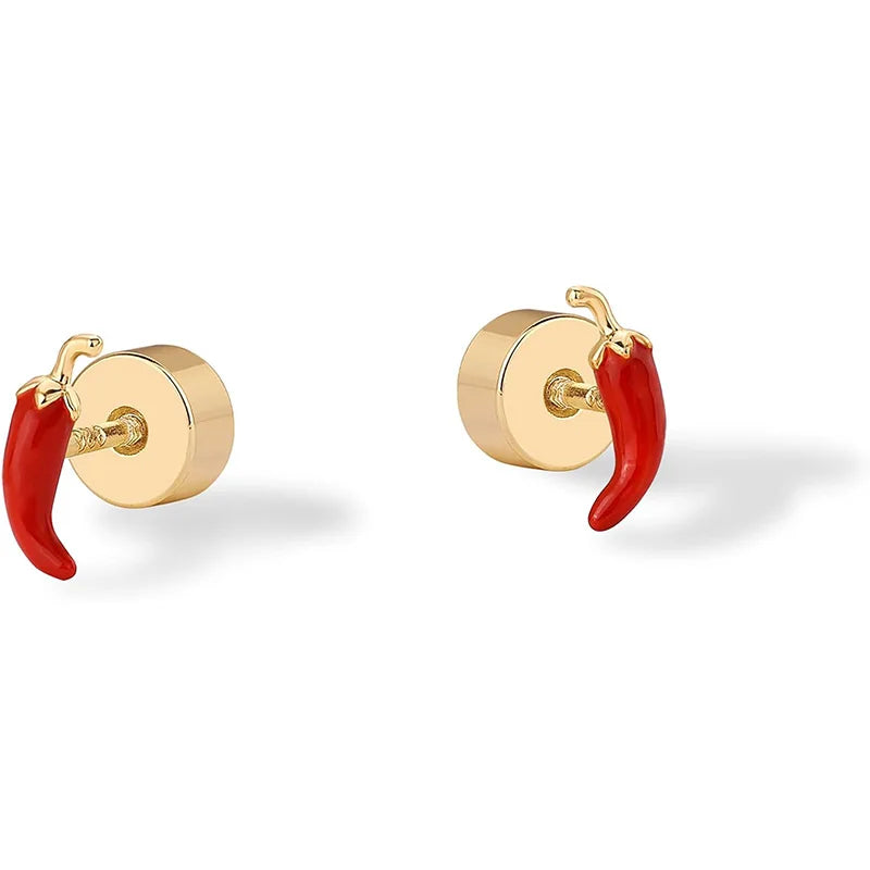 14K Gold Plated Enamel Flatback Stud Earrings for Women Colored Chili Pepper Strawberry Peach Cherry Dainty Piercing Jewelry