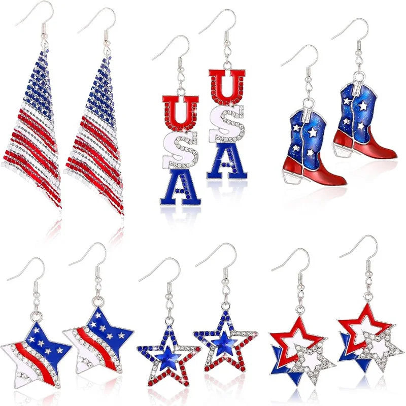 4th of July Earrings for Women Girls Patriotic American Flag Star Red White Blue Dangle Drop Earrings Holiday Jewelry Gift