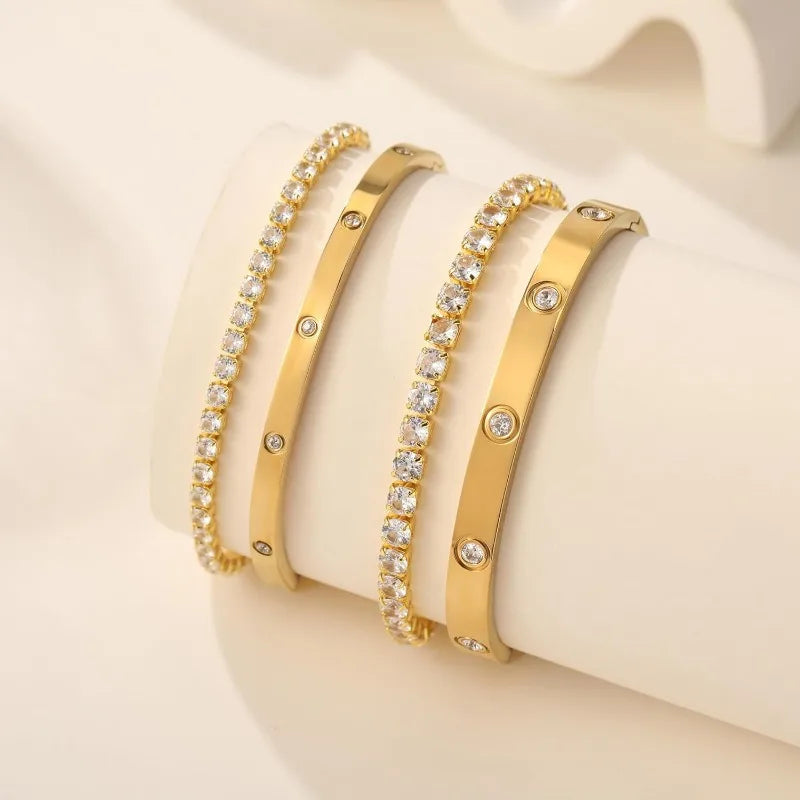 2Pcs/Set 18K Gold Plated Dainty Tennis Bracelets Love Bangle Bracelets 4/6mm Cubic Zirconia Classic Tennis Bracele for Women