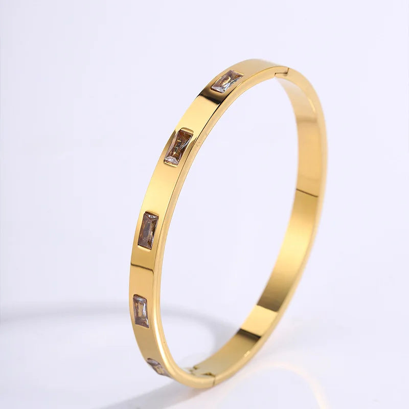 Stackable Gold Bangle Bracelet Set for Women - 18K Gold Plated Stainless Steel with Pink Crystal Friendship & Love Heart Bracele