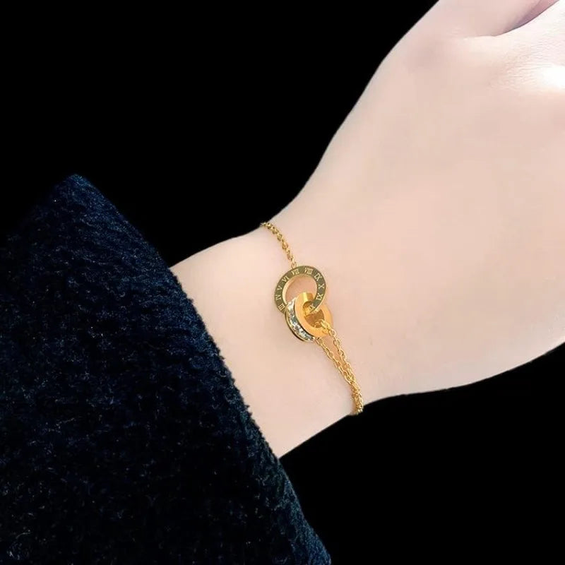 Roman Numeral Rhinestone Gold Color Tennis Bracelet for Women New Stainless Steel Gold Plated Stacked Luxury Charm Bracelets