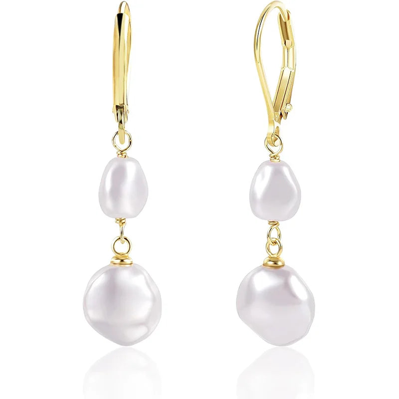 Double Freshwater Pearl Dangle Earrings for Women 14K Gold Plated Irregular Pearl Hypoallergenic Drop Earrings Fine Jewelry Gift