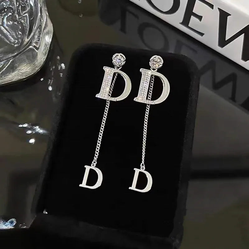 D Letter Tassel Earrings Female S925 Silver Needle New Luxury Shining Long Earrings for Women Korean Designer Jewelry Y2k