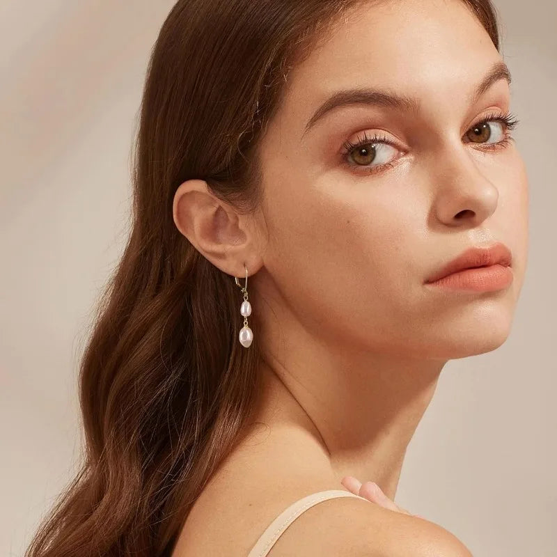 Double Freshwater Pearl Dangle Earrings for Women 14K Gold Plated Irregular Pearl Hypoallergenic Drop Earrings Fine Jewelry Gift