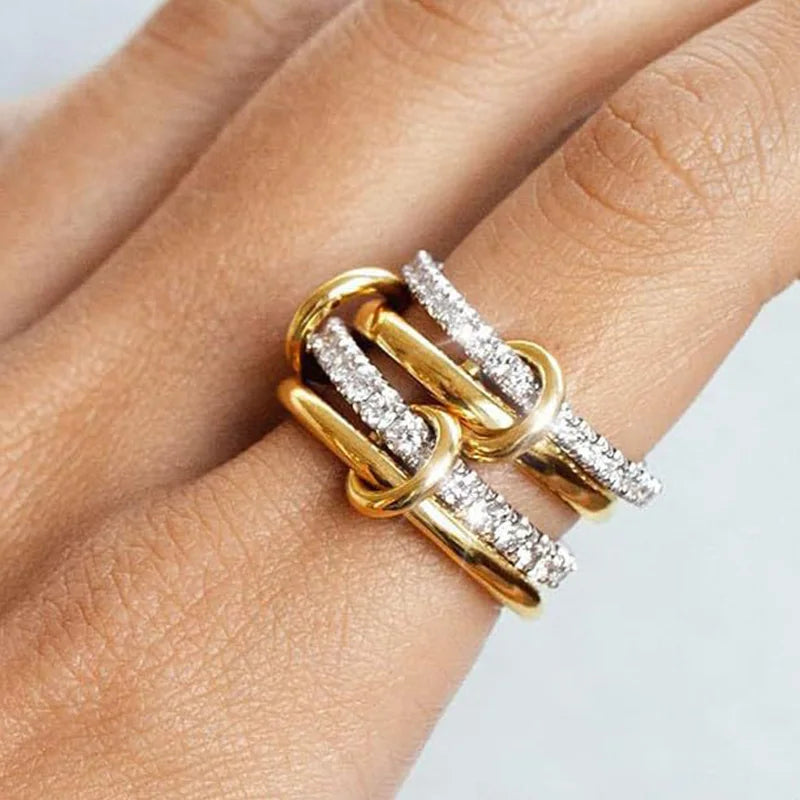 18K Gold Plated Interlocked Stackable Rings for Women Statement Ring Stack Set Gifts Cubic Zirconia Stacking Jewelry