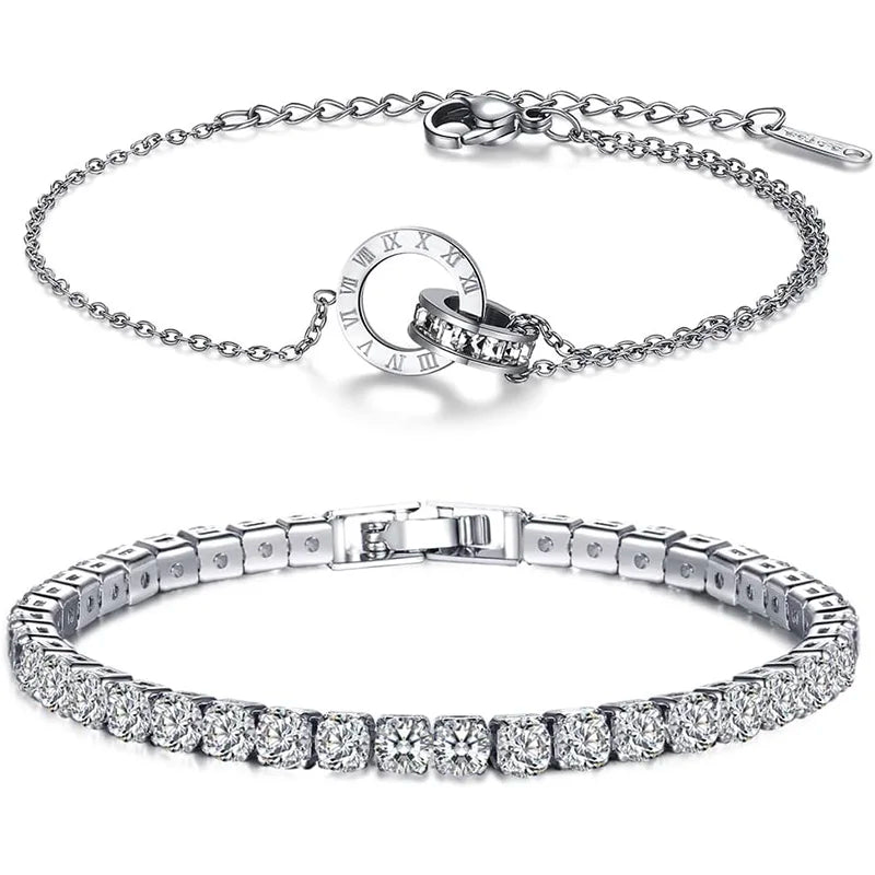 Roman Numeral Rhinestone Gold Color Tennis Bracelet for Women New Stainless Steel Gold Plated Stacked Luxury Charm Bracelets