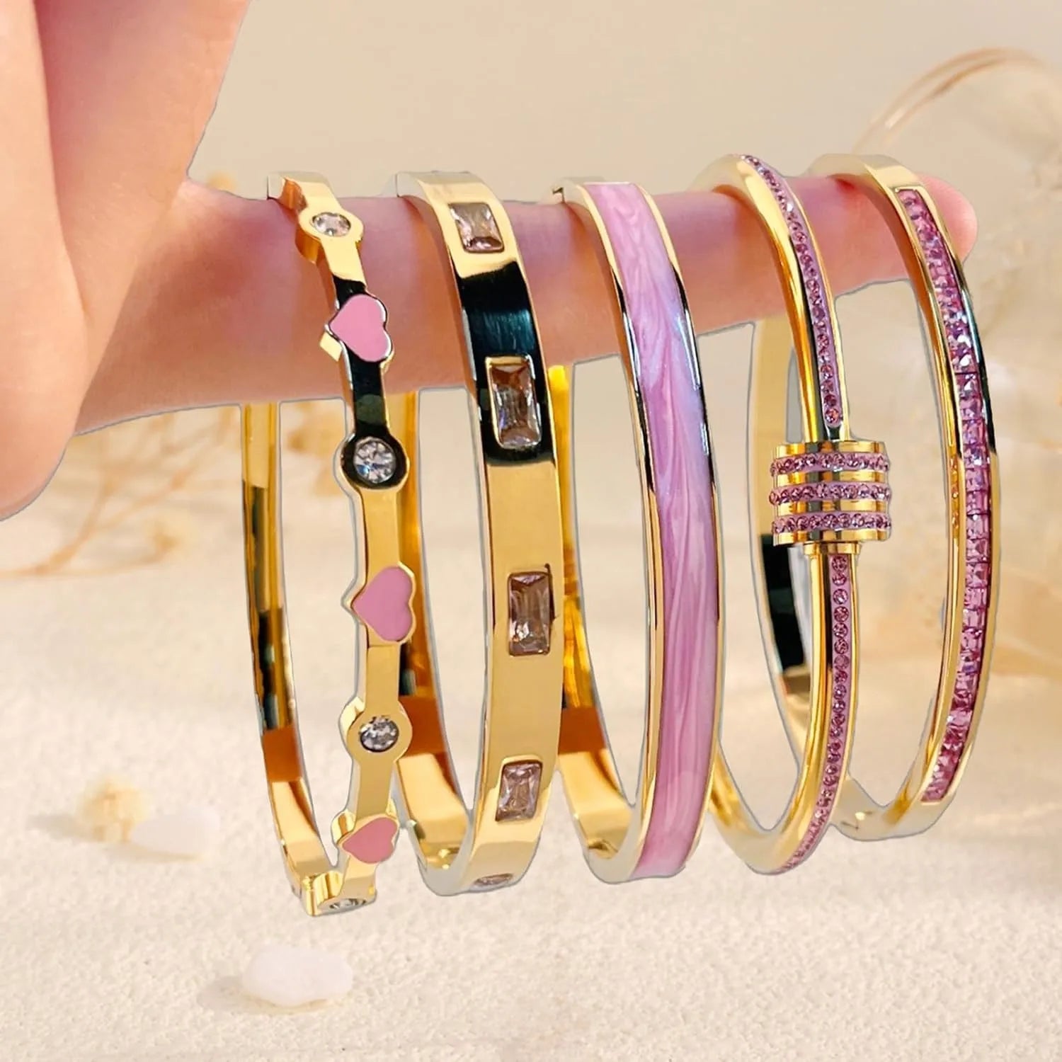 Stackable Gold Bangle Bracelet Set for Women - 18K Gold Plated Stainless Steel with Pink Crystal Friendship & Love Heart Bracele