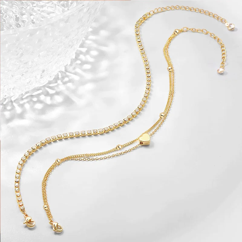 Dainty Anklets for Women Girls Layered Heart CZ Bead Initial Anklets 14K Gold Plated Waterproof Summer Beach Jewelry