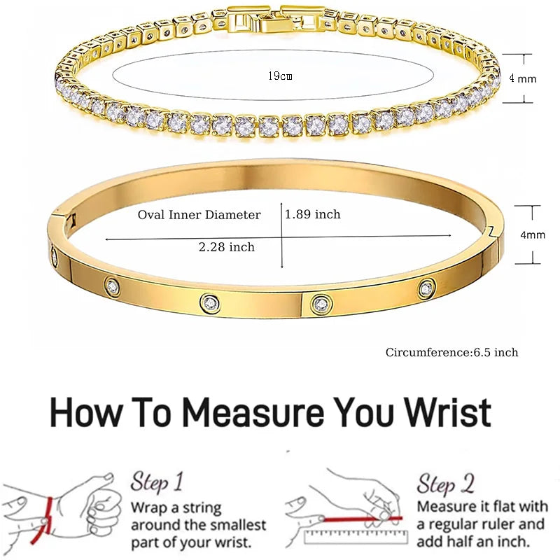 2Pcs/Set 18K Gold Plated Dainty Tennis Bracelets Love Bangle Bracelets 4/6mm Cubic Zirconia Classic Tennis Bracele for Women