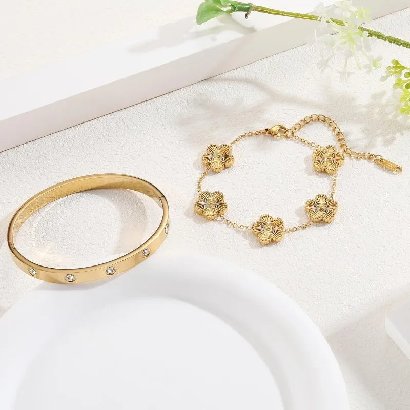 18K Gold Plated Clover Bracelet Love Bangle Set for Women - Stack Friendship Lucky Link Bracelets Stainless Steel Jewelry Gifts