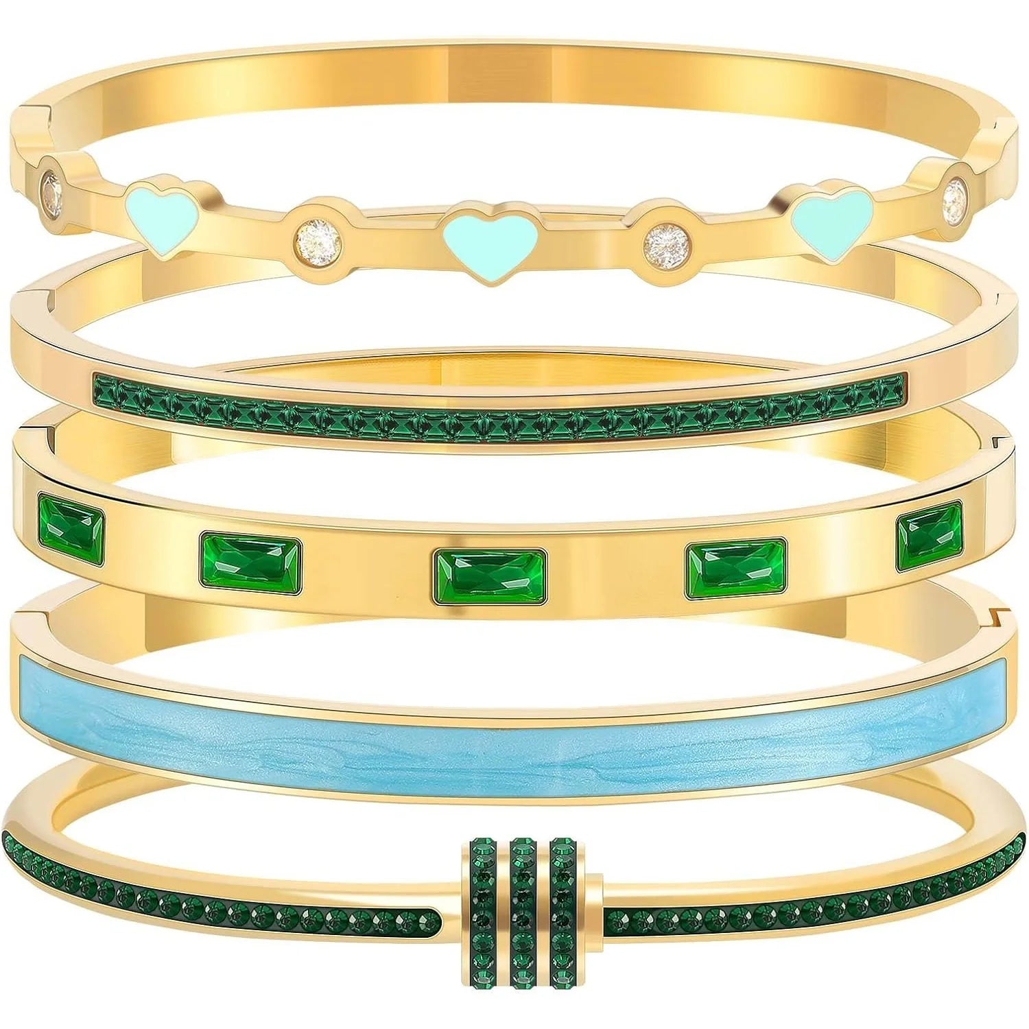 Stackable Gold Bangle Bracelet Set for Women - 18K Gold Plated Stainless Steel with Pink Crystal Friendship & Love Heart Bracele