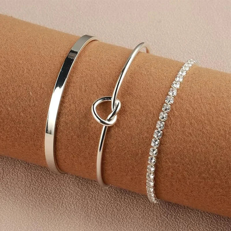 3pcs Stainless Steel Stack Cuff Bracelets for Women 14K Silver Plated Adjustable Jewelry Gifts Luxury CZ Chain Love Knot Bangles