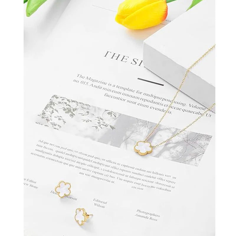 Clover Earrings Necklace Jewelry Sets for Women Five Leaf Flower Gold Plated Earring Necklace 2024 Trend Elegant Party Jewelrly