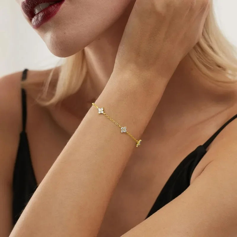 18k Gold Plated Cz Four-leaf Flower Bracelet for Women Girl Dainty Adjustable Link Chain Bracelets Charm Luxury Trend Jewelry