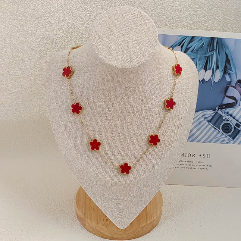 Autumn Winter Women's 10 Flower Pendant Necklace New Stainless Steel Gold Plated Middle Length Clover Sweater Chain Necklaces