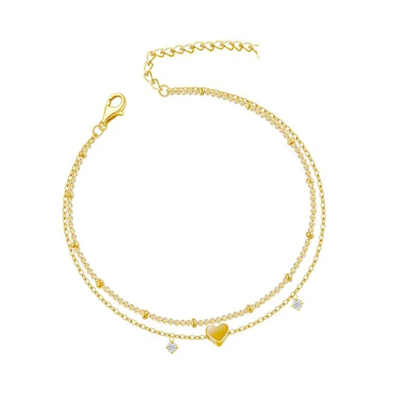 Dainty Anklets for Women Girls Layered Heart CZ Bead Initial Anklets 14K Gold Plated Waterproof Summer Beach Jewelry