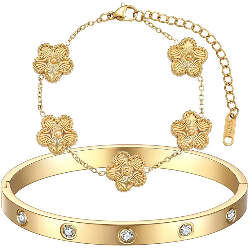 18K Gold Plated Clover Bracelet Love Bangle Set