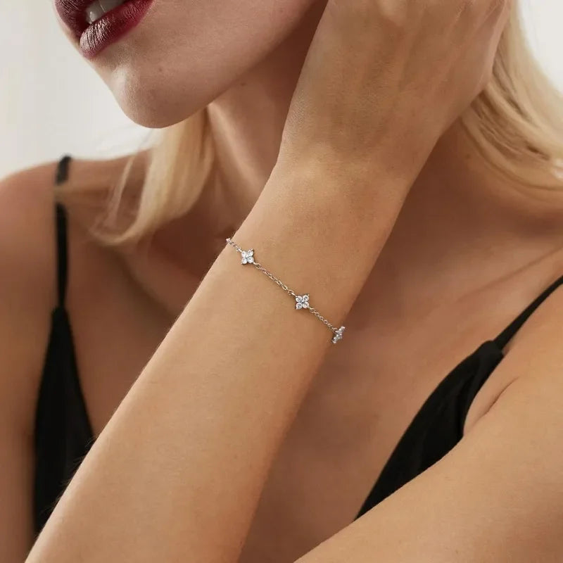 18k Gold Plated Cz Four-leaf Flower Bracelet for Women Girl Dainty Adjustable Link Chain Bracelets Charm Luxury Trend Jewelry