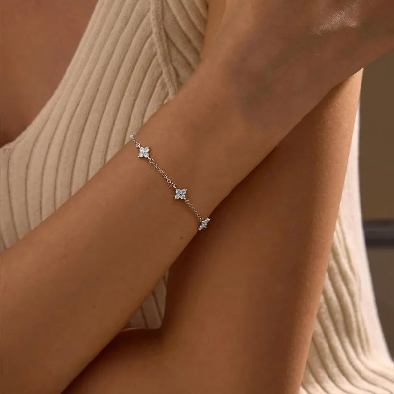925 Silver Plated Cz Four-leaf Flower Bracelet for Women Girl Cute Dainty Adjustable Link Chain Bracelet Trend 18k Gold Jewelry