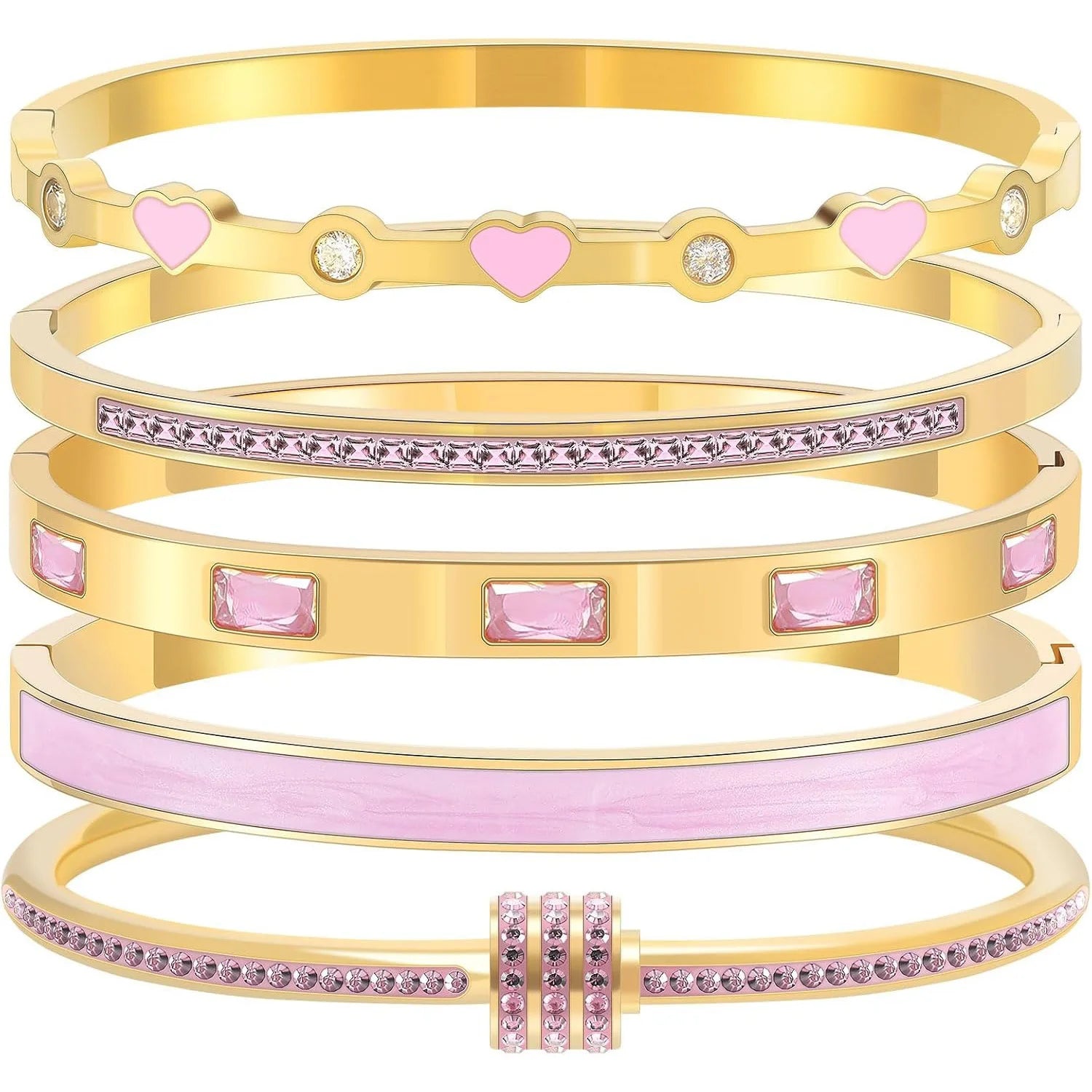 Stackable Gold Bangle Bracelet Set for Women - 18K Gold Plated Stainless Steel with Pink Crystal Friendship & Love Heart Bracele