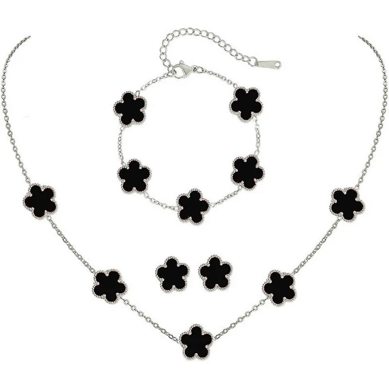 Silver Color Clover Jewelry Set for Women Stainless Steel Hypoallergenic Waterproof Flower Earrings Chain Necklace Bracelet New