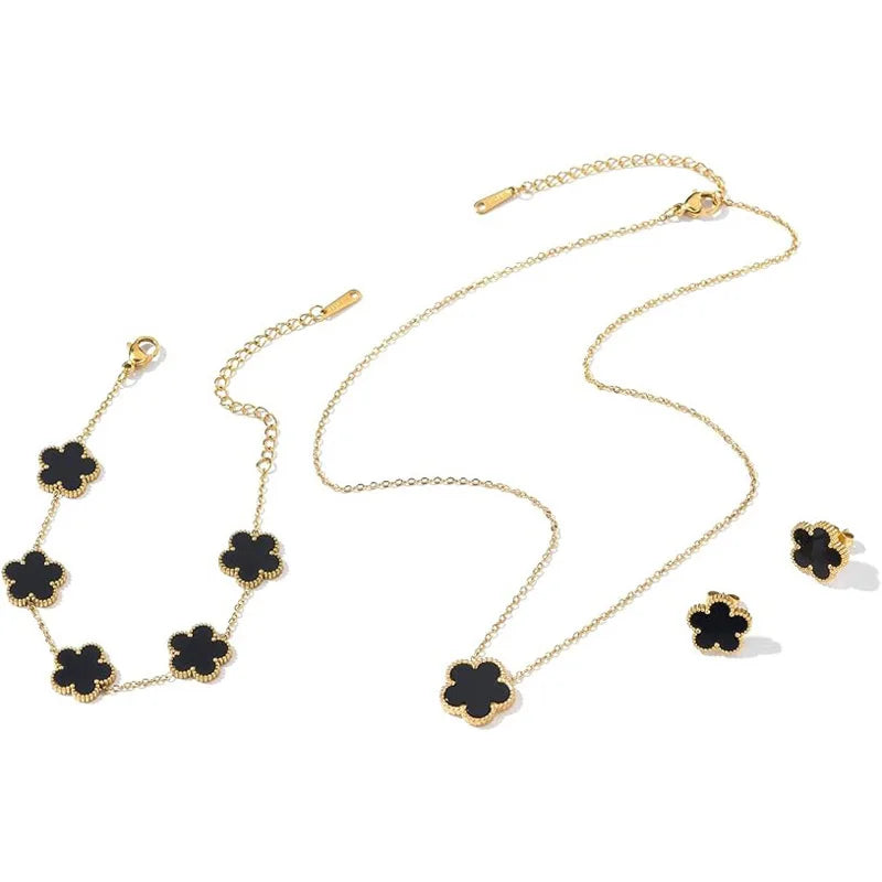 Luxurious Five Leaf Folower Jewelry Set 14K Gold Plated Stainless Steel Black White Gold Silver Color Elegant Clover for Women